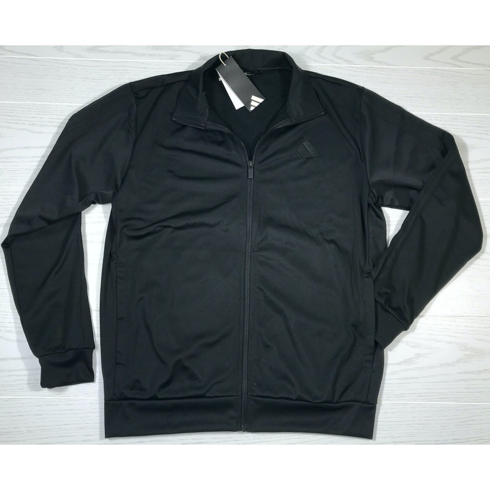 Adidas Track Jacket Men Medium Black 3 Stripe Full Zip Mock Neck Pockets New